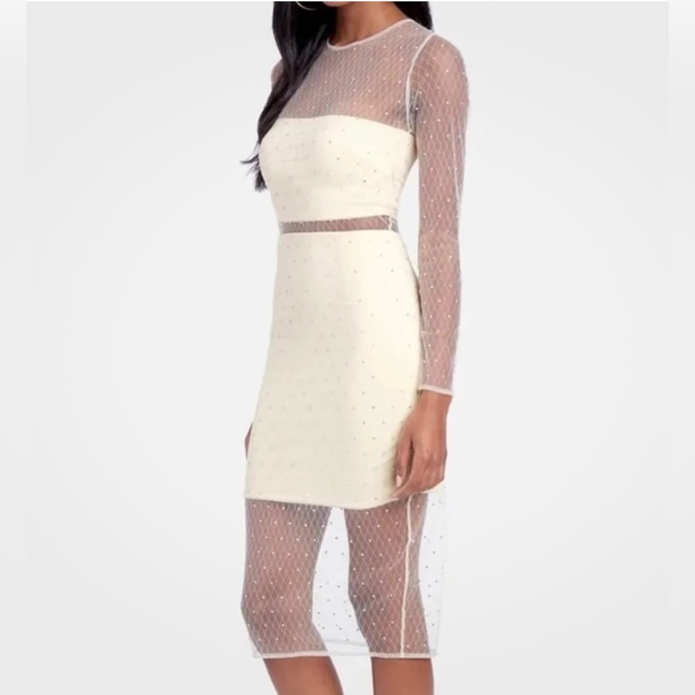 Bebe Cream Sparkle Mesh Crystal Long Sleeve Midi Dress Size Medium